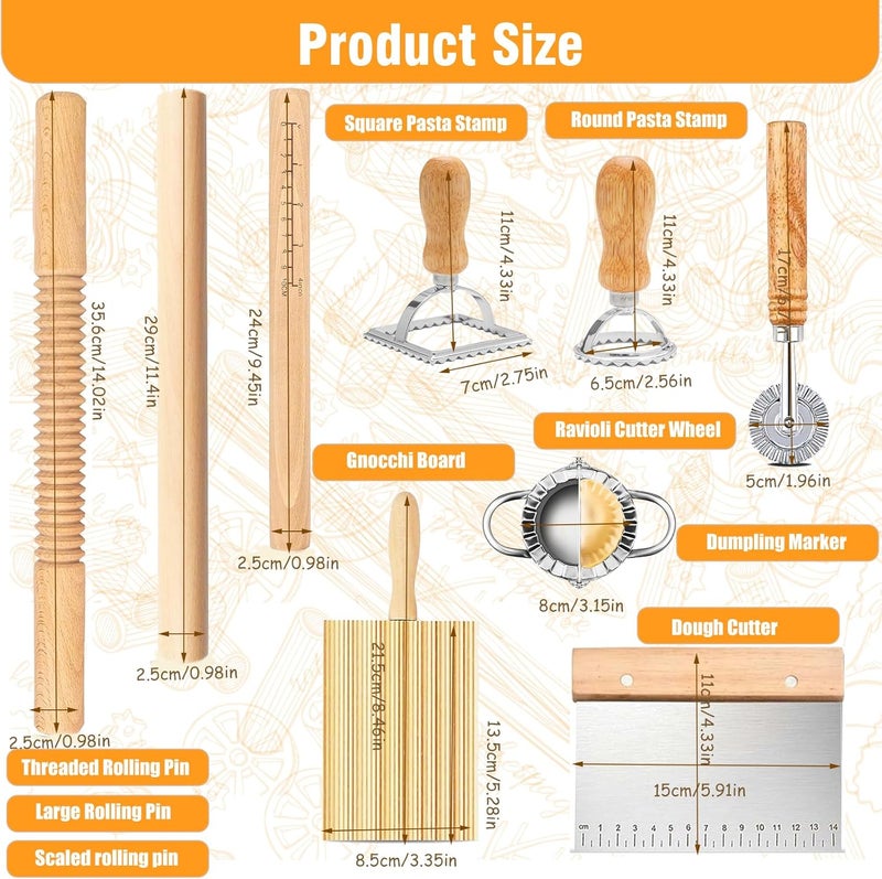 Eyskutvjc Pasta Making Tools,Wood Pasta Making Kit with 3 Rolling Pins,Gnocchi Board,Dough Cutter,Ravioli Cutter,2 Pasta Stamps,Making Dumplings.Pasta Making Accessories for Home (9 piece) - Image 2